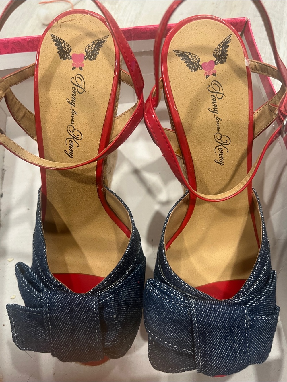 Penny Loves Kenny Red Patent & Denim Bow Slingback Heels